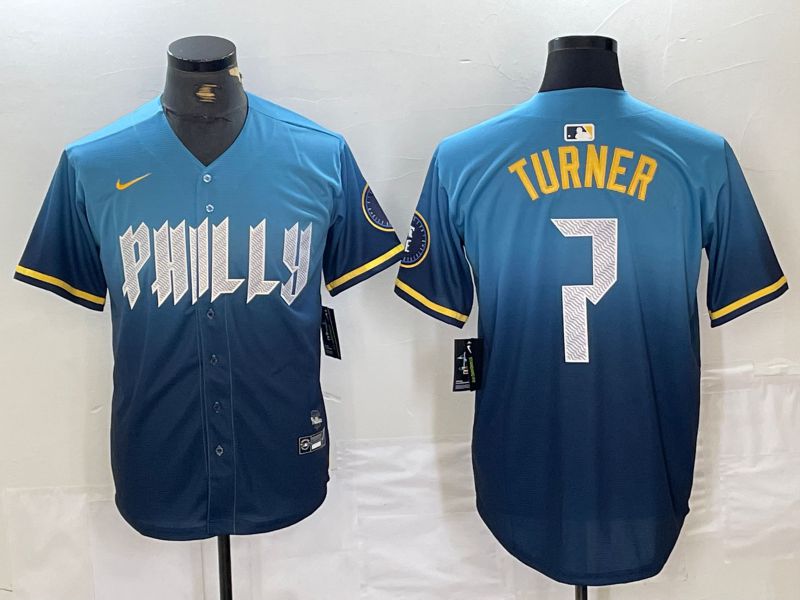 Men Philadelphia Phillies 7 Turner Blue City Edition Nike 2024 MLB Jersey style 1